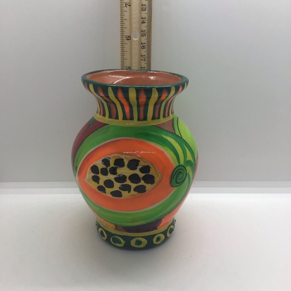 Colorful Glazed Mexican Redware Art Pottery Vase Fruit Pattern Tutti Fruiti Folk - Picture 7 of 10